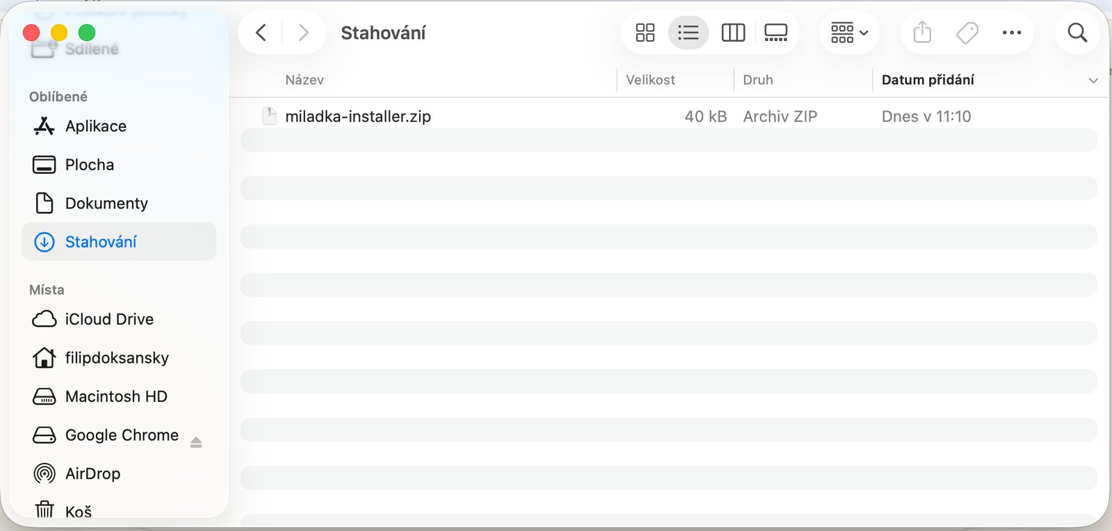 Stažený miladka-installer.zip ve Stažených souborech