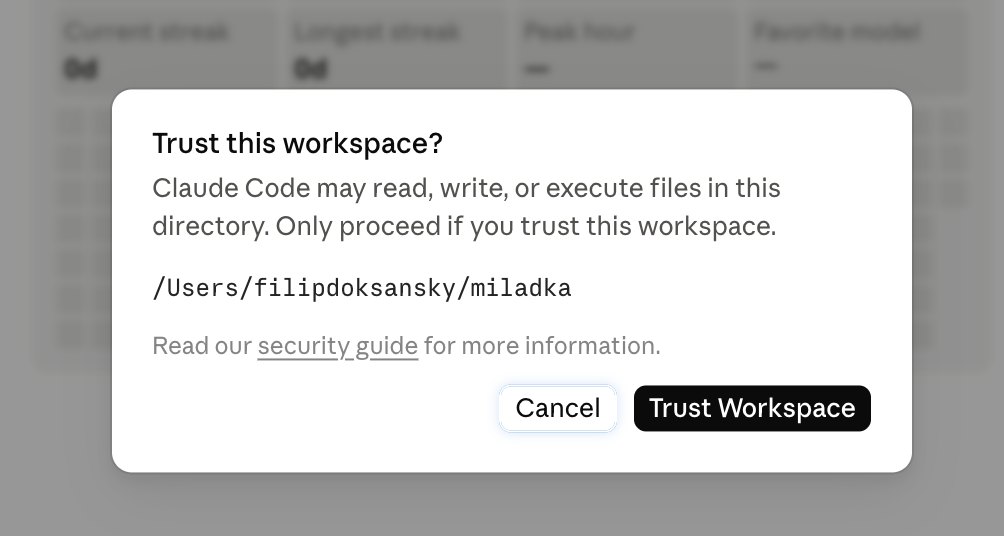 Okno Trust this workspace s cestou ke složce miladka