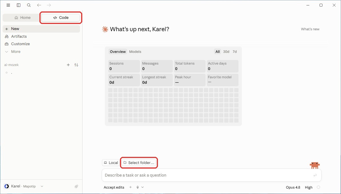 Záložka Code a tlačítko Select folder