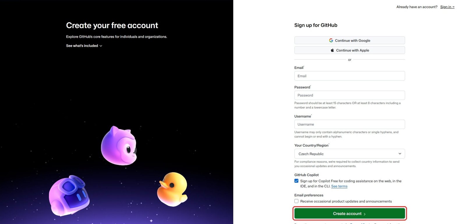 Registrační formulář na GitHubu