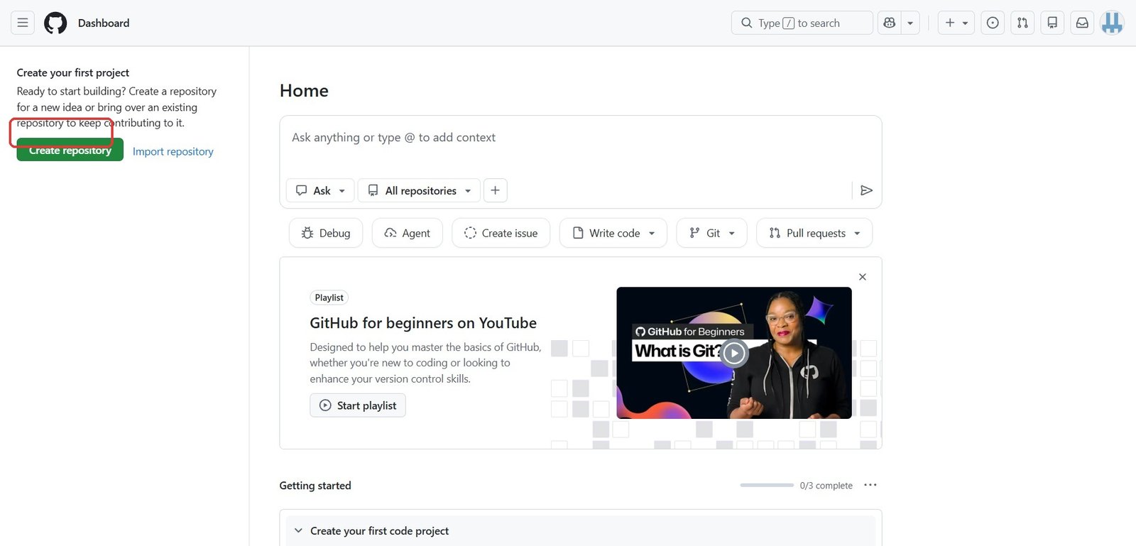 Kde je tlačítko Create repository