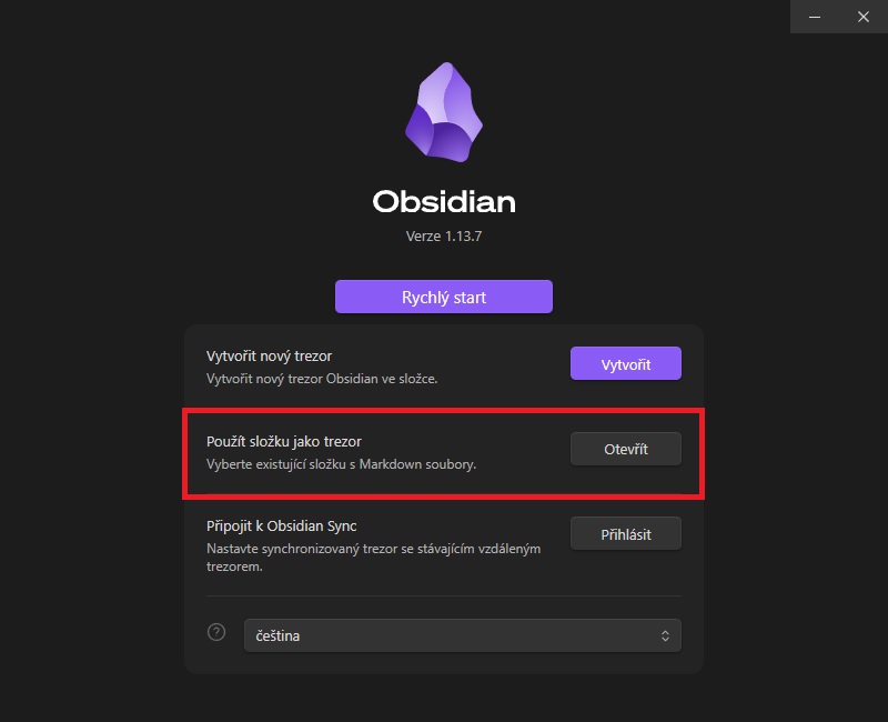 Obsidian's start window, here in Czech: Open folder as vault is the second option, with the Open button next to it