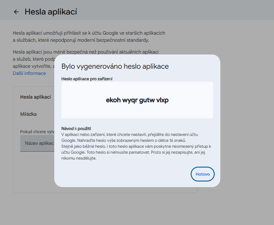 Google ukáže nové heslo aplikace - 16 písmen ve čtyřech skupinách